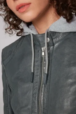 Lederjacke im Biker-Stil mit Kapuzeneinsatz dark green | S