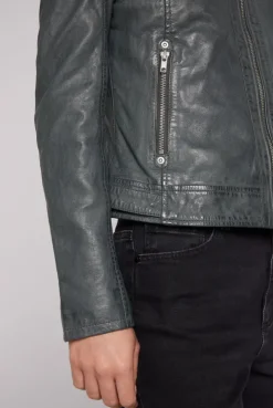 Lederjacke im Biker-Stil mit Kapuzeneinsatz dark green | S