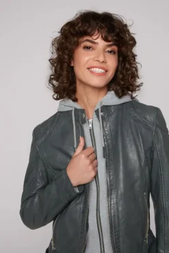 Lederjacke im Biker-Stil mit Kapuzeneinsatz dark green | S