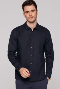 Leinenhemd Langarm Muscle Fit blue navy