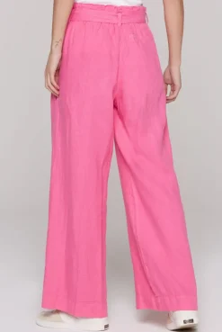 Leinenhose mit weitem Bein und Bindegürtel floral pink