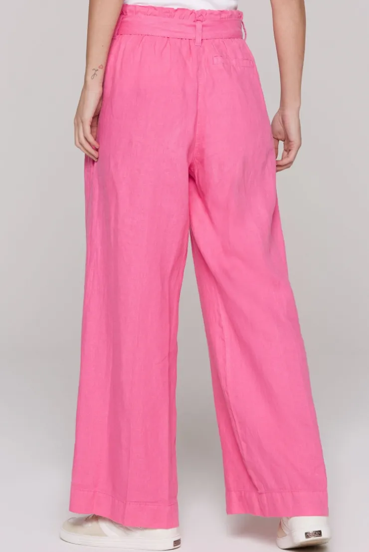 Leinenhose mit weitem Bein und Bindegürtel floral pink