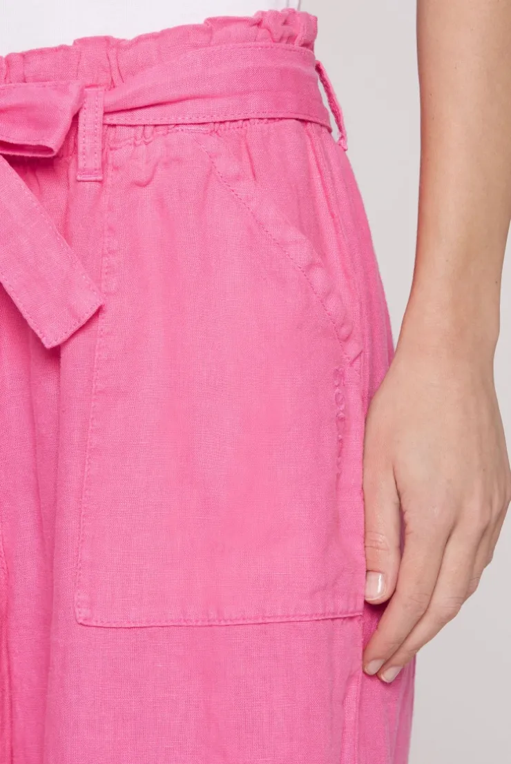 Leinenhose mit weitem Bein und Bindegürtel floral pink