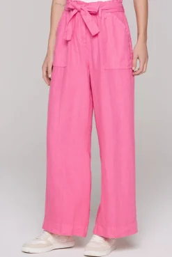 Leinenhose mit weitem Bein und Bindegürtel floral pink