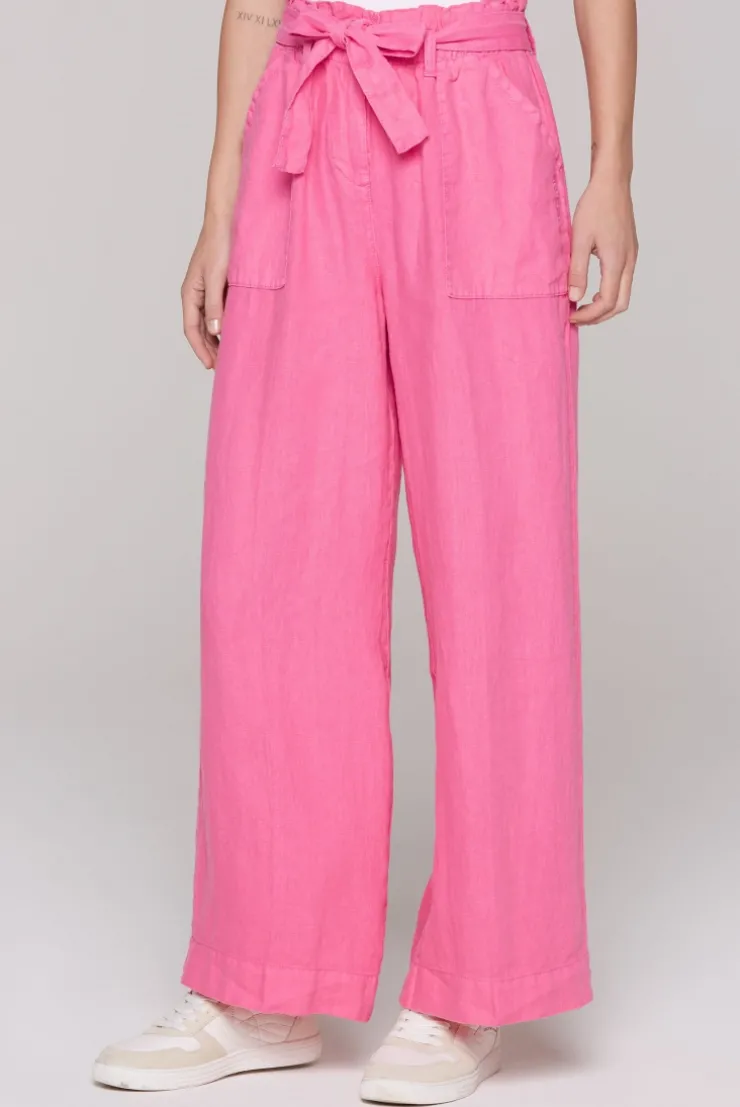 Leinenhose mit weitem Bein und Bindegürtel floral pink