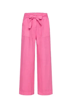 Leinenhose mit weitem Bein und Bindegürtel floral pink