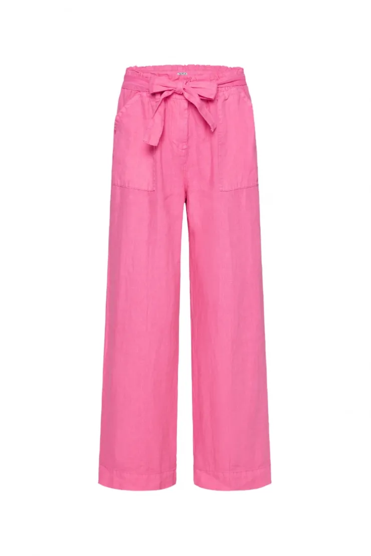 Leinenhose mit weitem Bein und Bindegürtel floral pink