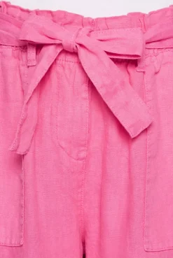 Leinenhose mit weitem Bein und Bindegürtel floral pink