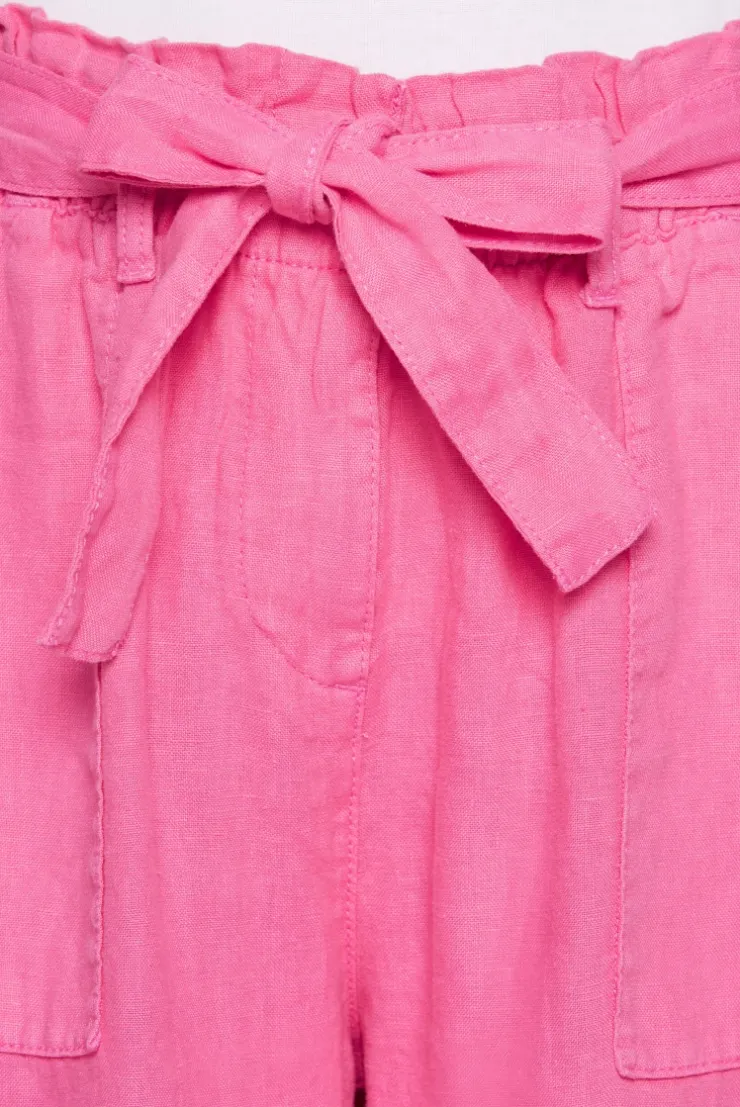 Leinenhose mit weitem Bein und Bindegürtel floral pink