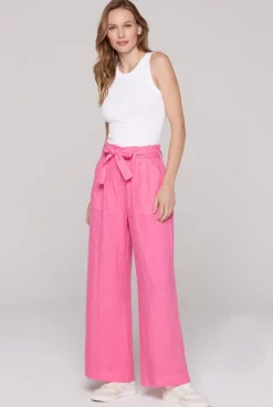 Leinenhose mit weitem Bein und Bindegürtel floral pink