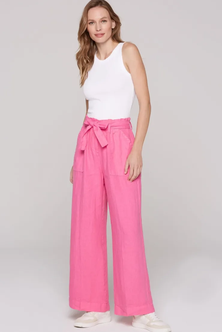 Leinenhose mit weitem Bein und Bindegürtel floral pink