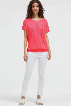 Longshirt mit Ausbrenner-Effekten und Glitter Logo neon coral