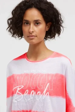 Oversize T-Shirt mit Streifen und Saumknoten neon coral | XS/S
