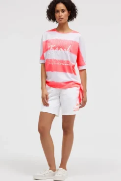 Oversize T-Shirt mit Streifen und Saumknoten neon coral | XS/S