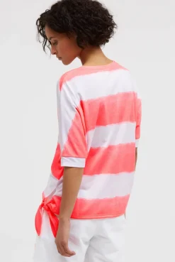 Oversize T-Shirt mit Streifen und Saumknoten neon coral | XS/S