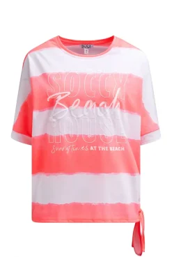 Oversize T-Shirt mit Streifen und Saumknoten neon coral | XS/S