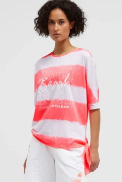 Oversize T-Shirt mit Streifen und Saumknoten neon coral | XS/S