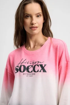 Pullover Dip Dye aus Flauschstrick mit Glitter-Logo neon rose / fresh grey