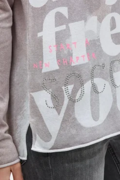 Pullover mit All Over Print und Schmucksteinen fresh grey