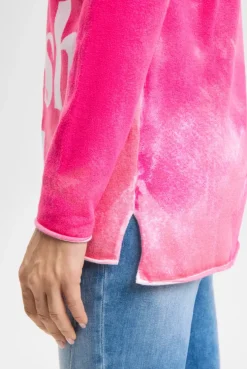 Pullover mit All Over Print und Schmucksteinen neon rose