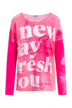 Pullover mit All Over Print und Schmucksteinen neon rose