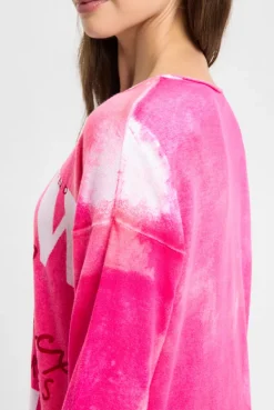 Pullover mit All Over Print und Schmucksteinen neon rose