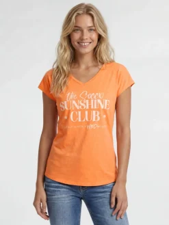 Ärmelloses Shirt mit V-Ausschnitt und Wording Print neon apricot