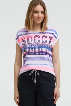 Shirt mit Logo- und Streifenprint neon pink