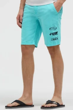 Shorts aus Leinen-Mix mit Label Print aqua