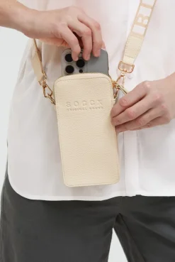 Smartphone-Tasche mit Logo und Intarsia-Webriemen old sand