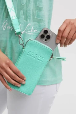 Smartphone-Tasche mit Logo und Intarsia-Webriemen misty mint