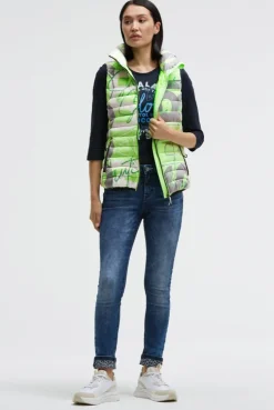 Steppweste mit Kapuze im Kragen und All Over Print neon leaf