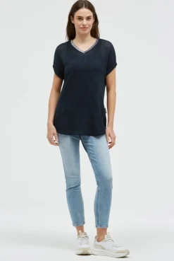 Strickshirt mit V-Ausschnitt und Backprint blue navy