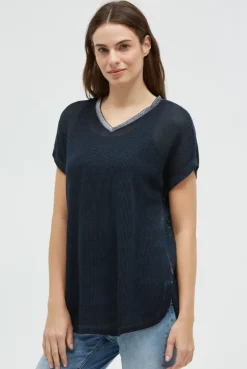 Strickshirt mit V-Ausschnitt und Backprint blue navy