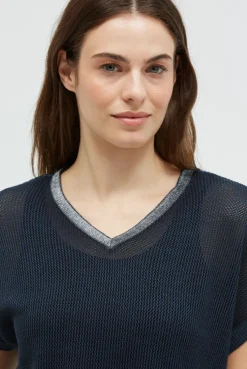 Strickshirt mit V-Ausschnitt und Backprint blue navy