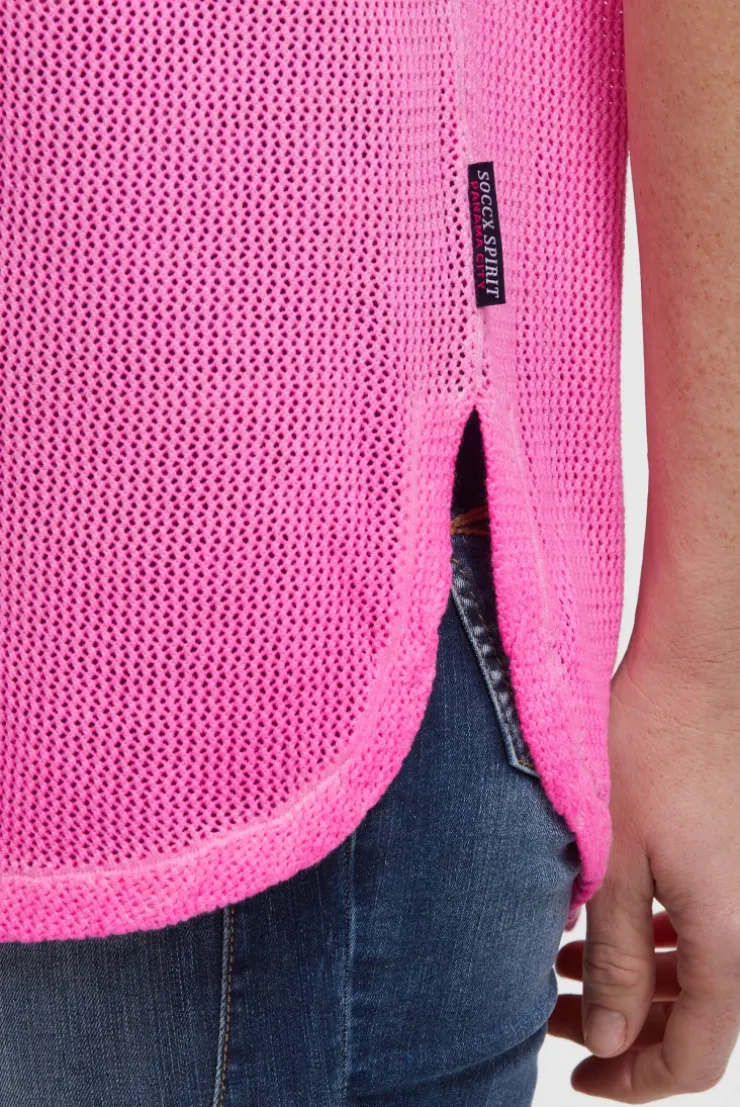 Strickshirt mit V-Ausschnitt und Backprint neon magenta