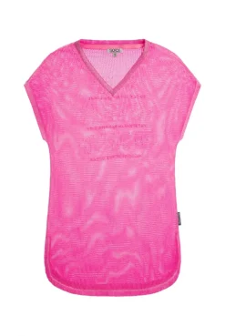 Strickshirt mit V-Ausschnitt und Backprint neon magenta