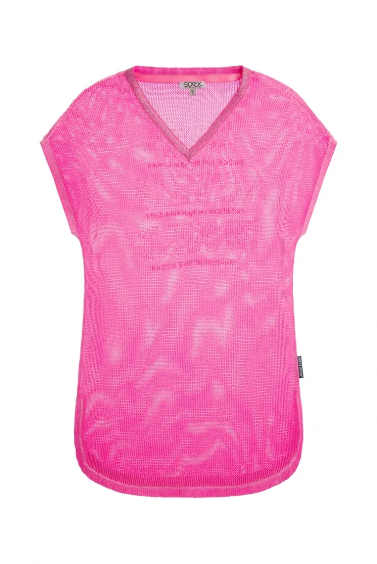 Strickshirt mit V-Ausschnitt und Backprint neon magenta