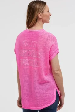 Strickshirt mit V-Ausschnitt und Backprint neon magenta
