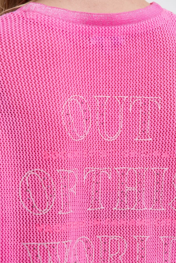 Strickshirt mit V-Ausschnitt und Backprint neon magenta