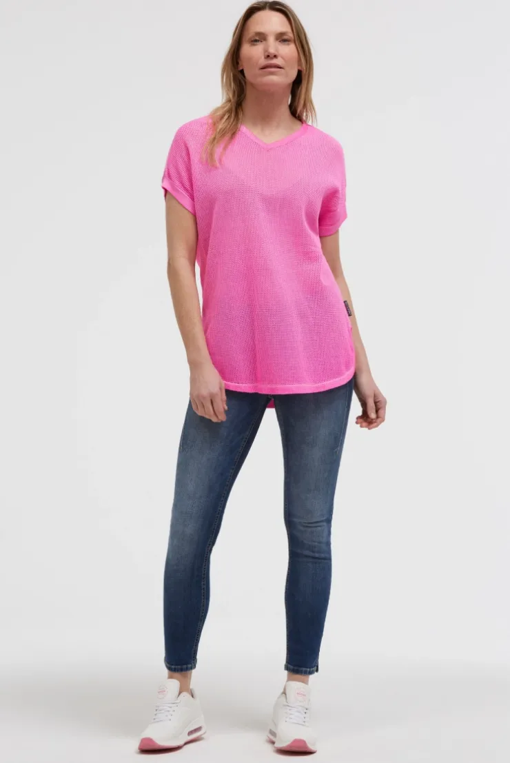 Strickshirt mit V-Ausschnitt und Backprint neon magenta