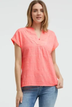 Strukturierte Crêpe-Bluse mit V-Öffnung neon flame