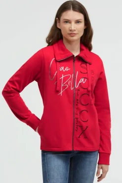 Sweatjacke mit hohem Kragen und Folienprints red orange