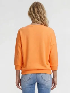 Sweatshirt mit V-Ausschnitt und Frontprint neon apricot