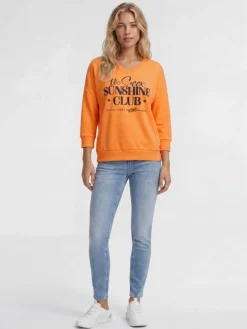 Sweatshirt mit V-Ausschnitt und Frontprint neon apricot