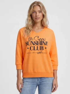 Sweatshirt mit V-Ausschnitt und Frontprint neon apricot