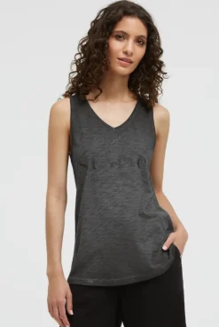 Top mit V-Ausschnitt und Glitter Print black