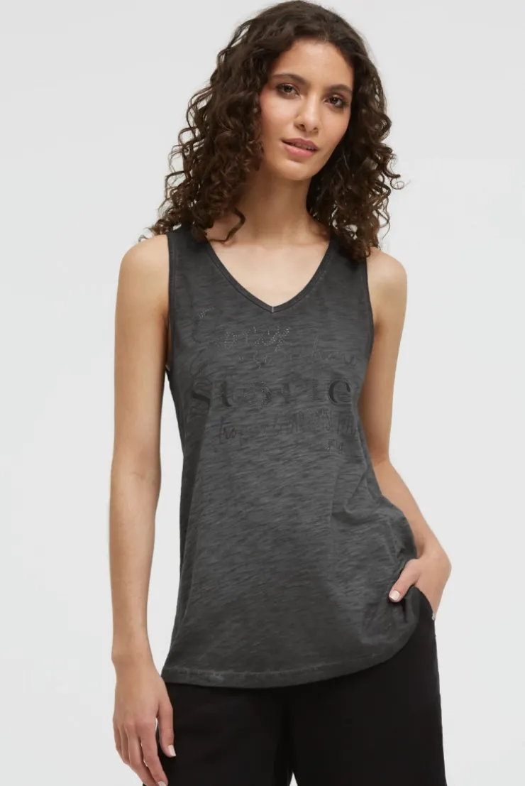 Top mit V-Ausschnitt und Glitter Print black