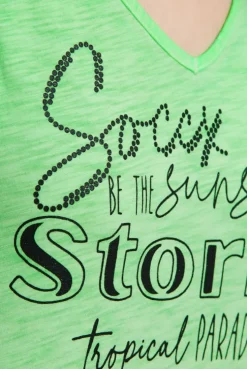Top mit V-Ausschnitt und Glitter Print neon green