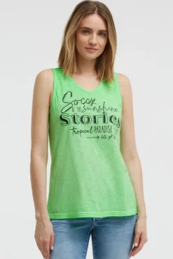 Top mit V-Ausschnitt und Glitter Print neon green